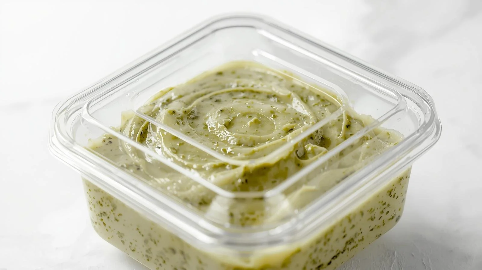 Dip packaged in a plastic container with a lid