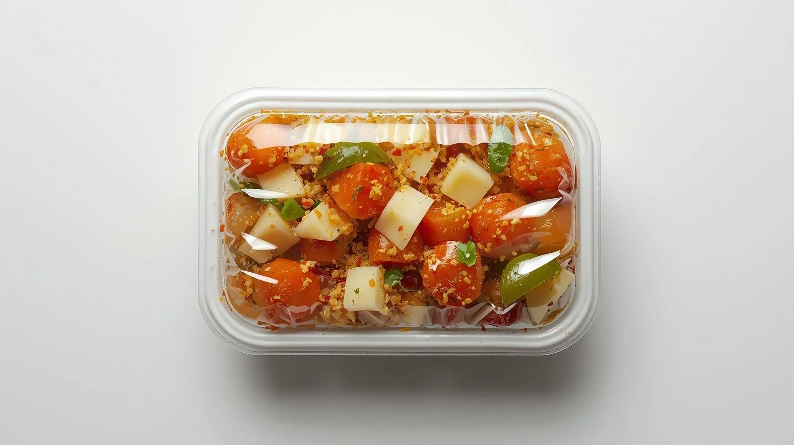 Pre-packaged meal with a plastic wrap lid